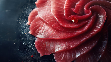 An exquisite arrangement of fresh tuna sashimi slices set on a dark plate, highlighting the vibrant color and intricate presentation ideal for gourmet dining.の素材