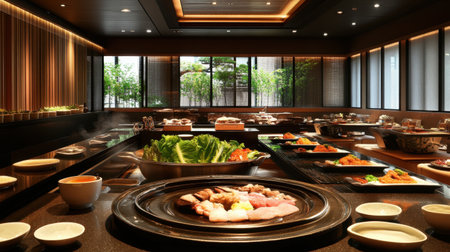 Experience a beautifully arranged shabu shabu table with fresh ingredients, ready to create a delightful dining experience in a modern setting.の素材