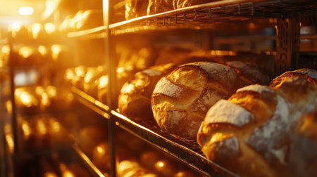 Discover the beauty of freshly baked bread on wooden shelves in a bakery. The warm golden light enhances the crusty texture and inviting aroma, perfect for any food lover.の素材