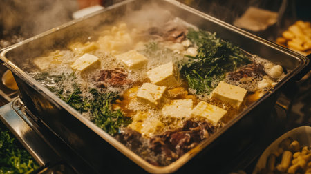 A vibrant hotpot bubbling with fresh ingredients, featuring meat, vegetables, and tofu. Perfect for a cozy meal with friends or family, capturing the essence of communal dining.の素材