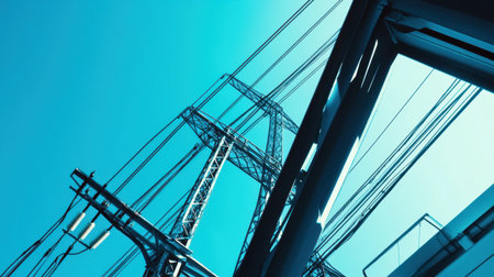 A stunning close-up of a high voltage power line featuring steel towers and cables against a vibrant blue sky, highlighting modern energy infrastructure.の素材