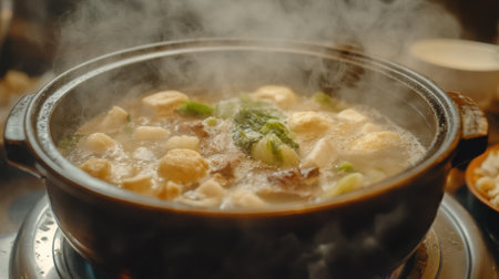 A vibrant hotpot bubbling with fresh ingredients and steam rising, showcasing a flavorful and inviting dish perfect for communal dining and sharing.の素材