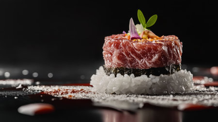 A stunning piece of wagyu sushi artfully arranged on a black background, showcasing the elegance and freshness of this gourmet delicacy in fine dining.の素材