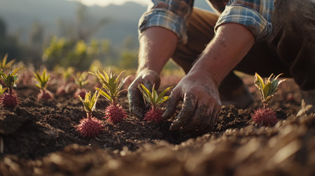 A dedicated farmer carefully plants rambutan saplings in rich soil, showcasing the connection between humans and nature in a sustainable agriculture setting.の素材