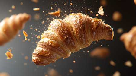 A freshly baked croissant levitates in mid-air, showcasing its golden, flaky layers. Ideal for food photography, this image captures the allure of gourmet pastries.の素材