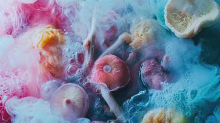 A vibrant close-up of traditional Japanese shabu shabu ingredients, featuring colorful mushrooms and bubbling broth, capturing the essence of culinary art and freshness.の素材