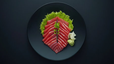 Delight in this stunning presentation of freshly sliced tuna sashimi, artfully arranged on a dark plate with vibrant garnishes, ideal for culinary showcases.の素材