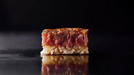 Discover the exquisite beauty of a beautifully plated wagyu sushi piece, showcasing premium beef atop delicate sushi rice, perfect for gourmet dining.の素材