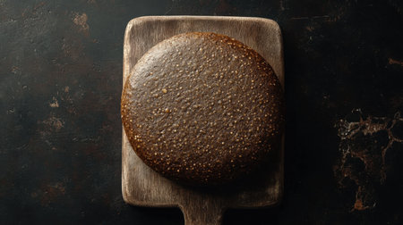 A freshly baked round bread sits on a wooden board against a dark background. Its shiny crust and rustic texture make it a perfect centerpiece for any meal.の素材