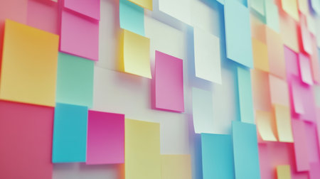 A visually appealing collection of colorful sticky notes arranged on a wall, perfect for creative projects, organization, and vibrant office aesthetics.の素材