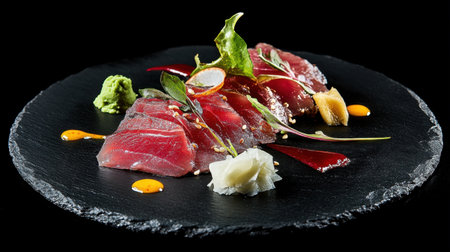 A beautifully arranged plate featuring slices of sashimi on a black slate. The dish is garnished with wasabi and delicate herbs, highlighting its freshness and elegance.の素材