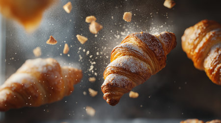 This stunning image features a croissant suspended in mid-air, showcasing its flaky layers and dusted with sugar. Perfect for food photography and pastry art.の素材