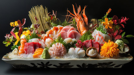 This beautifully arranged shabu shabu table features a stunning assortment of fresh seafood and vibrant vegetables, perfect for a gourmet dining experience.の素材