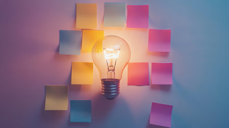 A vibrant arrangement of colorful sticky notes surrounding a glowing light bulb, symbolizing creativity and inspiration in a workspace or study environment.の素材