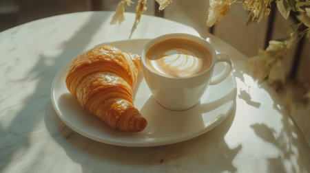 A warm cup of freshly brewed coffee paired with a buttery croissant, beautifully presented on a marble table, creating a cozy breakfast scene.の素材