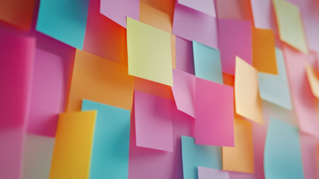 A vibrant collection of colorful sticky notes arranged on a wall, perfect for inspiring creativity, organization, and decoration in any workspace or study area.の素材