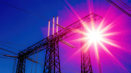 This image captures a close-up of a high voltage power line structure against a vivid blue sky, highlighted by bright sunlight, showcasing energy infrastructure in action.の素材