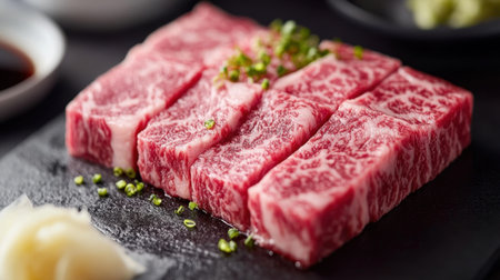 Experience the exquisite detail of wagyu sushi with its delicate texture and rich flavor, perfect for gourmet dining and culinary enthusiasts.の素材