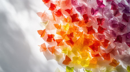 A vibrant collection of colorful sticky notes arranged artistically on a white surface, creating an eye-catching abstract pattern, perfect for creative projects.の素材