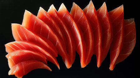 This striking image showcases fresh tuna sashimi slices beautifully arranged on a black background, highlighting the vibrant colors and texture of this delicious seafood delicacy.の素材