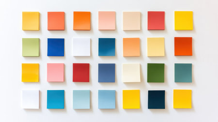 A vibrant collection of empty sticky notes arranged in a grid on a clean white background, showcasing a variety of colors and shapes for creative projects.の素材