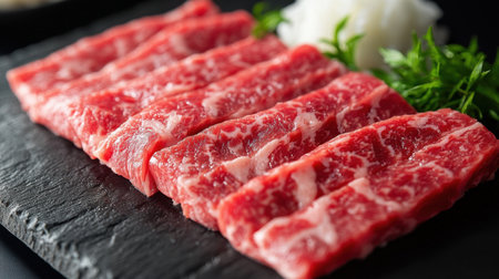 Discover a close-up of thin slices of wagyu sushi elegantly presented on a black slate. This gourmet dish showcases the marbled texture and rich flavors, perfect for culinary enthusiasts.の素材