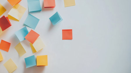 A vibrant collection of colorful sticky notes in various shapes scattered on a clean surface. Ideal for creative projects, reminders, or office use.の素材