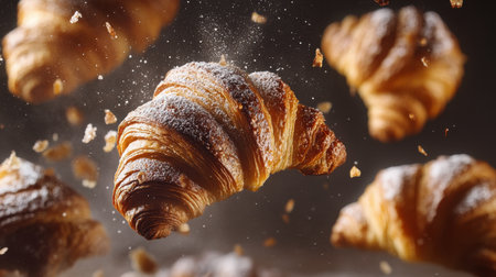 This captivating close-up showcases sweet croissants floating in the air, highlighting their flaky texture and golden color, perfect for food enthusiasts and bakers.の素材