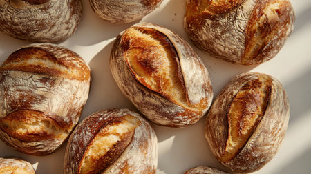 A close-up view of freshly baked bread loaves showcasing their rustic texture and golden crust, perfect for food photography, recipes, or bakery themes.の素材