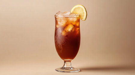 A beautiful Long Island iced tea served in a tall glass with a lemon wedge and ice, elegantly presented on a neutral beige background.の素材