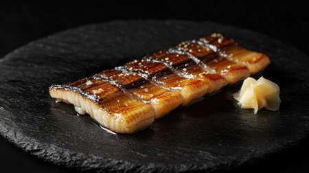 Anago sushi on a black slate plate, with grilled eel, garnished with a touch of sauce and wasabi, set against a dramatic black background.の素材