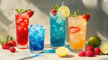A stylish display of four colorful drinks blue lagoon with raspberries and lemon, margarita with lime, strawberry daiquiri with fresh strawberries, and iced tea with mint leaves, arranged on a table.の素材
