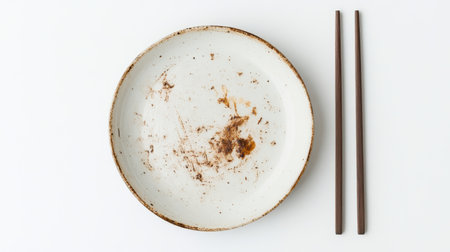 A used plate showing traces of fried noodles, with chopsticks beside it, isolated on a simple white background.の素材