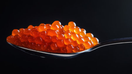 A spoonful of vibrant salmon roe resting on a matte black background, with a minimalist aesthetic.の素材