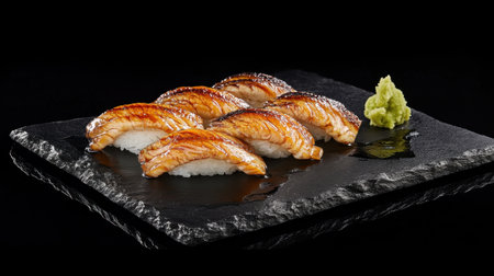 Anago sushi on a black slate plate, with grilled eel, garnished with a touch of sauce and wasabi, set against a dramatic black background.の素材