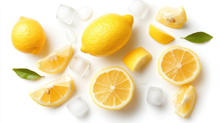 A top-down view of lemon iced tea with ice cubes and lemon wedges, isolated on a bright white background with clipping path.の素材