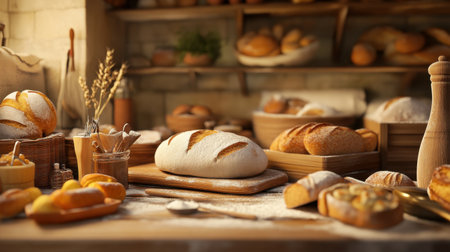 A small homemade bakery factory with dough being kneaded by hand, and freshly baked bread and pastries in the background.の素材