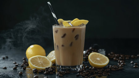 A stylish arrangement of iced coffee lemonade, served with a reusable straw and garnished with lemon slices, on a dark surface.の素材