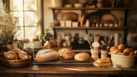 A small home bakery workspace with freshly baked bread cooling on a wire rack and homemade pastries displayed, surrounded by baking tools and ingredients.の素材