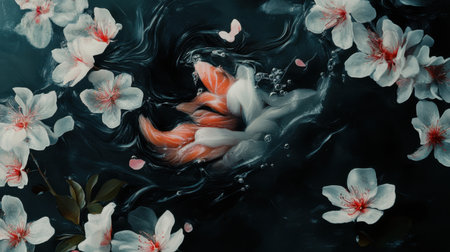 Artistic arrangement of fresh salmon sashimi on a matte black background, accompanied by soy sauce and daikon garnish.の素材