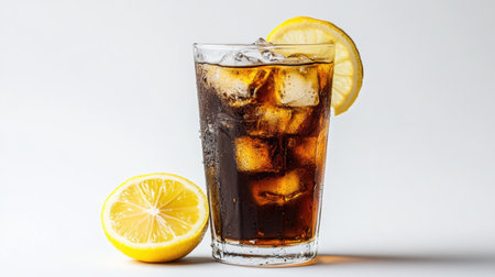 A tall glass of iced tea with ice and a lemon slice, isolated on a pure white background for a simple, refreshing visual.の素材