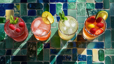 A top-down view of four refreshing drinks blue lagoon with raspberries and lemon, margarita with lime, strawberry daiquiri with fresh strawberries, and iced tea with mint, placed on a vibrant surface.の素材