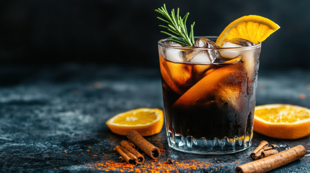 A stylish presentation of iced black coffee with citrus layers, garnished with rosemary and cinnamon, placed on a textured dark background.の素材