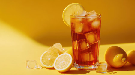 A tall glass of iced tea with ice cubes and fresh lemon slices, beautifully arranged on a bright yellow background for a sunny look.の素材