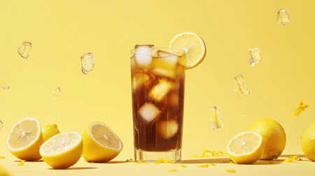 A tall glass of iced tea with lemon slices and ice cubes, placed on a yellow backdrop with lemon halves and fresh zest around it.の素材