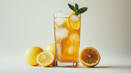 A tall, refreshing glass of iced tea with lemon slices and ice, isolated on a plain white background for a clean and minimal look.の素材