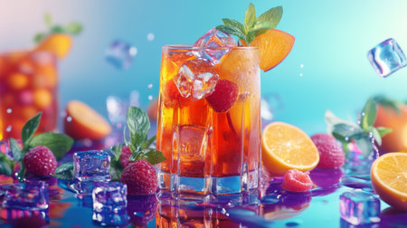 A vibrant fruit iced tea with ice cubes and fresh fruit garnishes, served in a glass on a colorful, energetic background.の素材