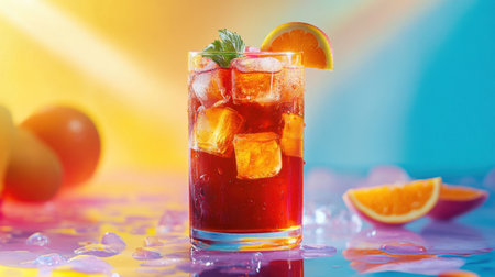 A vibrant fruit iced tea with ice cubes and fresh fruit garnishes, served in a glass on a colorful, energetic background.の素材