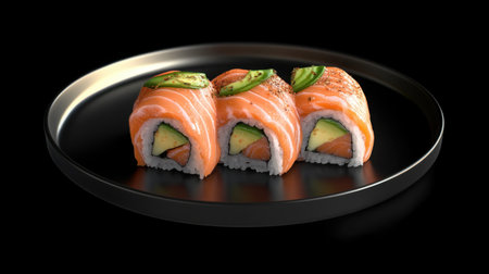 Close-up of traditional salmon sushi rolls with avocado and spicy mayo, served on a matte black plate.の素材