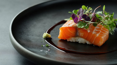 Elegant salmon sushi presentation on a dark plate, with garnishes of microgreens and a drizzle of soy sauce.の素材